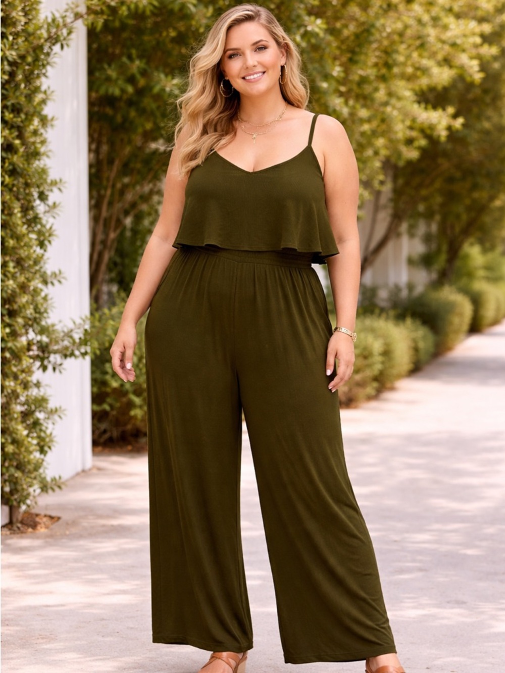 Lulu's Olive Green Spaghetti Strap Maxi Jumpsuit